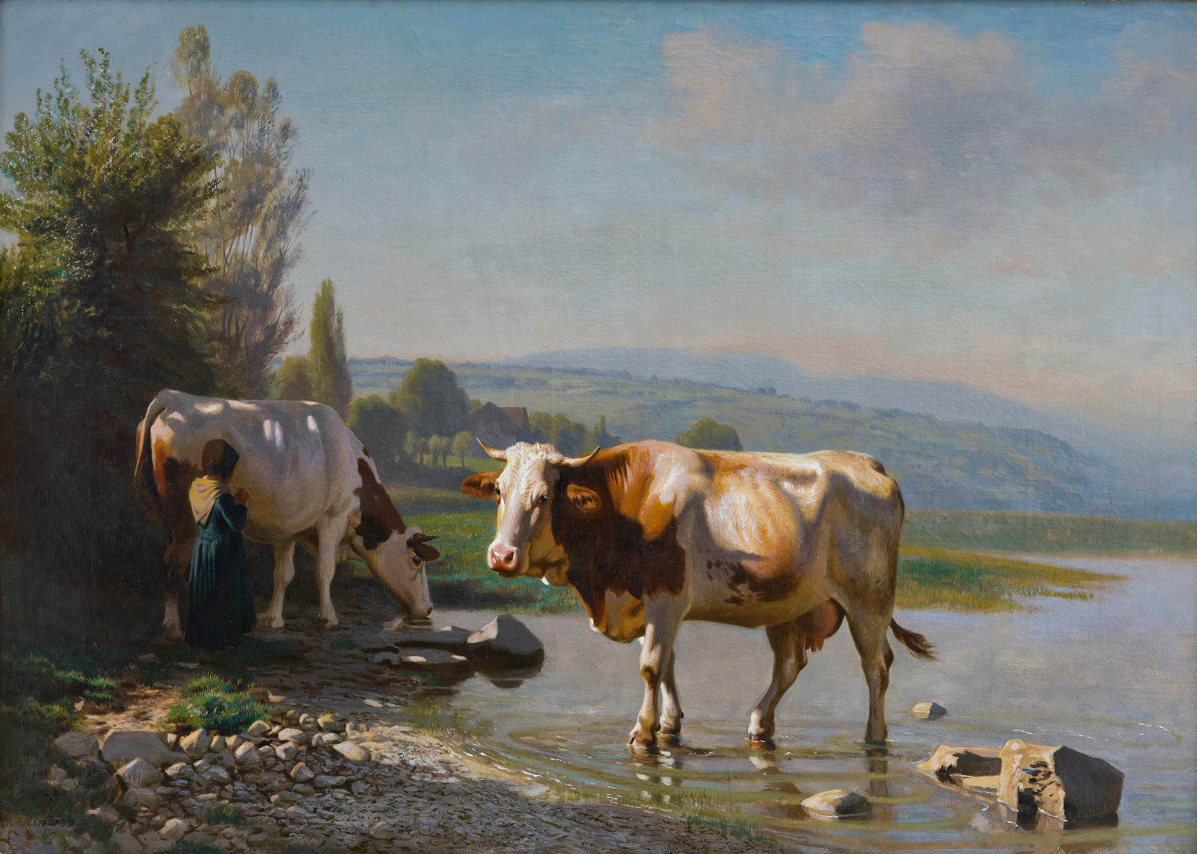 Lugardon Albert - Fille de berger avec deux vaches au bord du lac Lugardon Albert - Fille de berger avec deux vaches au bord du lac