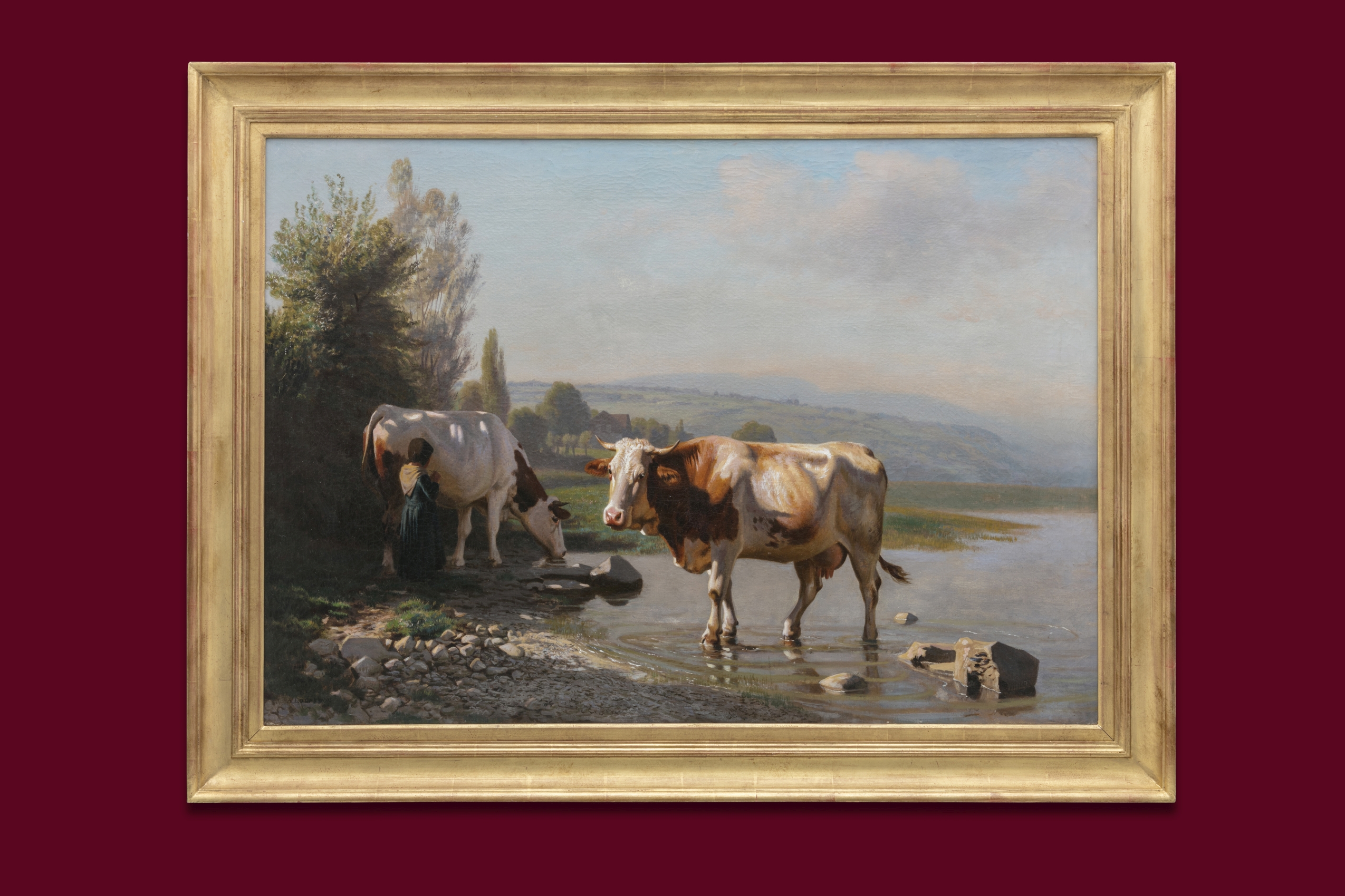 Lugardon Albert - Fille de berger avec deux vaches au bord du lac - Encadré Lugardon Albert - Fille de berger avec deux vaches au bord du lac - Encadré