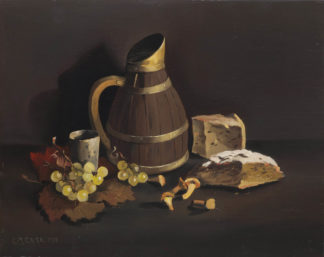 Menge Charles - Nature morte aux raisins, girolles, fromage et cruche