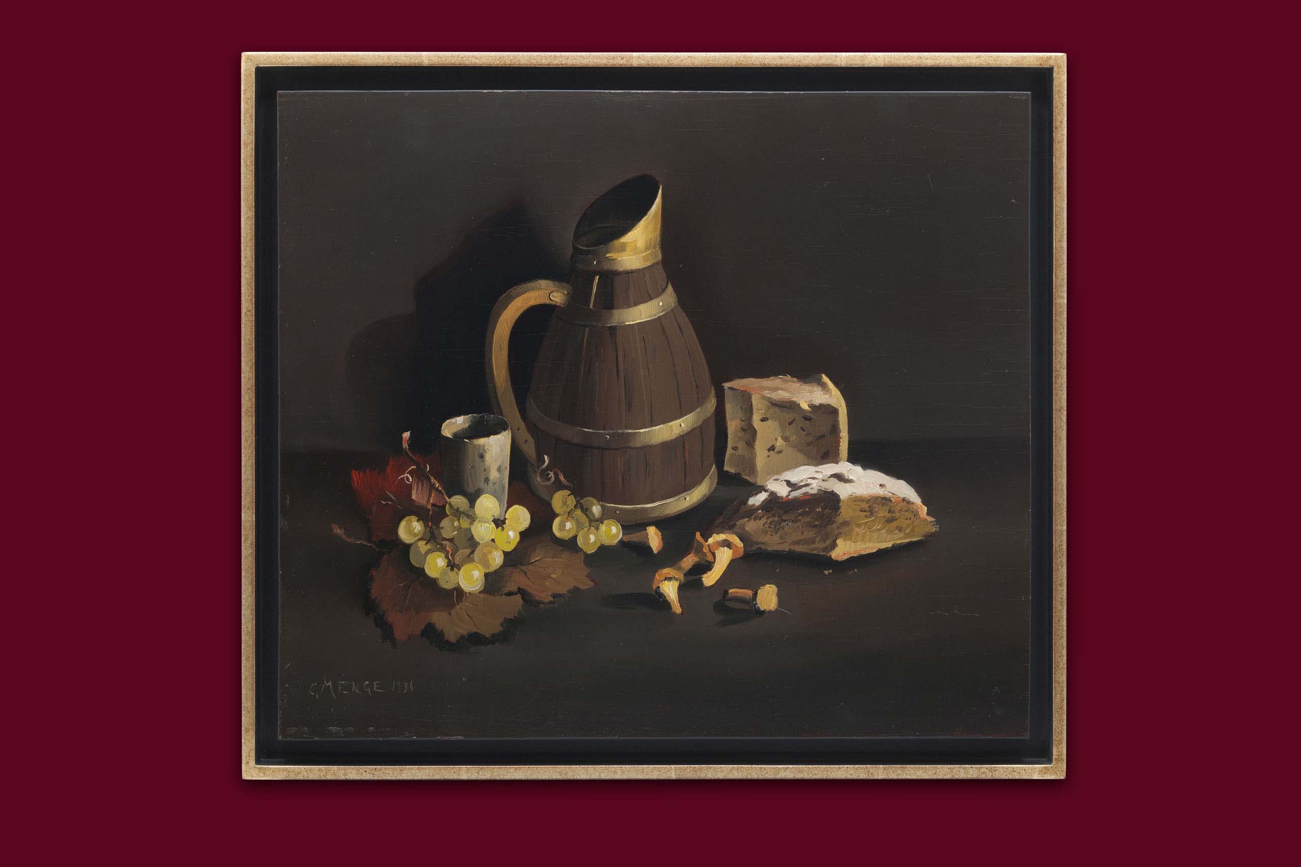 Menge Charles - Nature morte aux raisins, girolles, fromage et cruche - Encadré Menge Charles - Nature morte aux raisins, girolles, fromage et cruche - Encadré