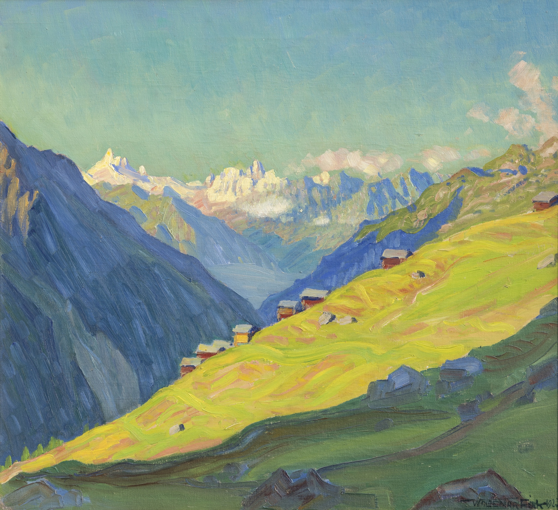Fink Waldemar - Morgensonne über dem Lötschental (Lauchernalp), Blick auf die Dent Blanche Fink Waldemar - Morgensonne über dem Lötschental (Lauchernalp), Blick auf die Dent Blanche
