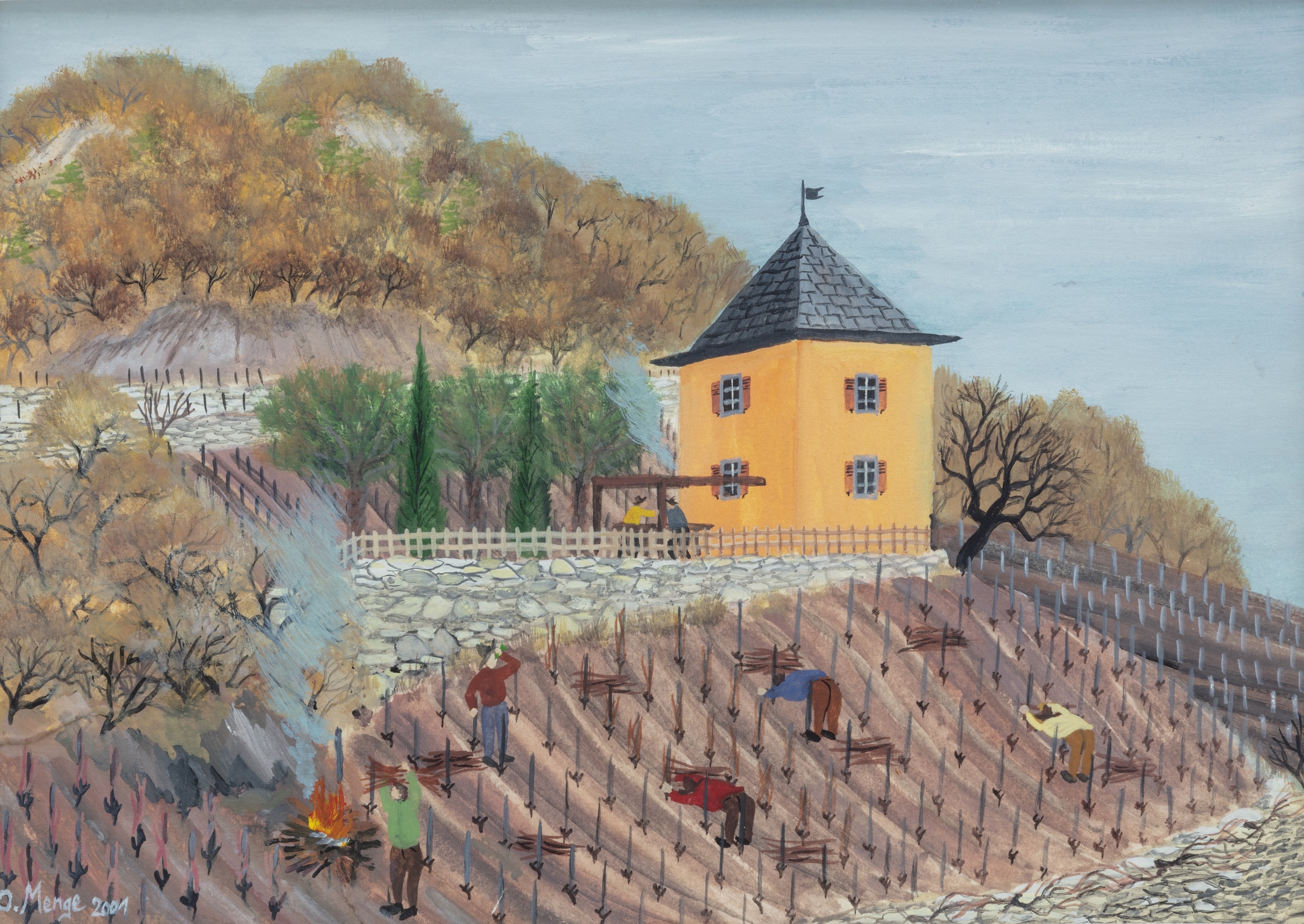 Menge Olivier - Arbeit in den Weinbergen, rosafarbenes Haus in St-Léonard Menge Olivier - Arbeit in den Weinbergen, rosafarbenes Haus in St-Léonard